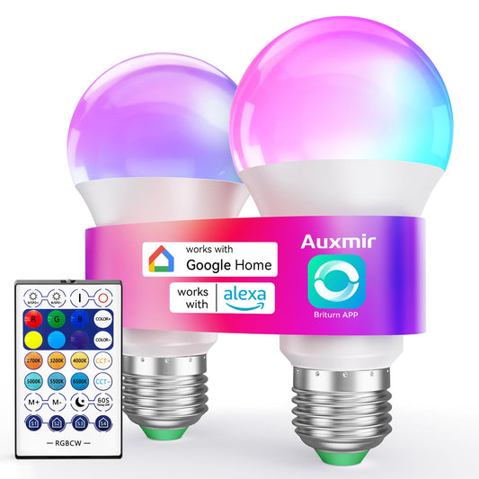 Auxmir A19 Smart Light Bulbs with Remote, RGB+CCT Color LED Bulbs, 2-Pack