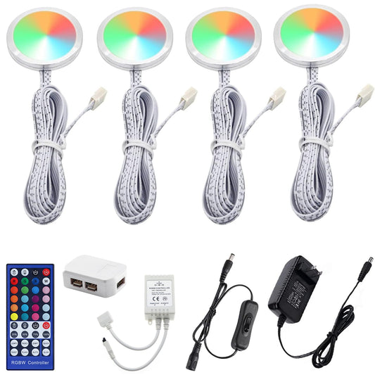 AIBOO RGBW RGB + White Color Changing Christmas Xmas Under Cabinet LED Lights Kit IR Remote Puck Lights for Kitchen Counter Shelf Furniture Ambiance
