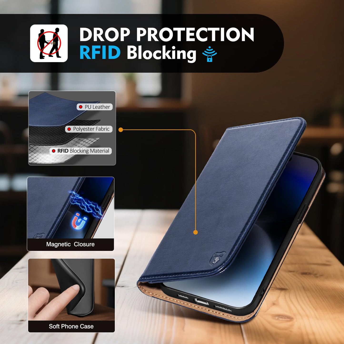 Scutumate Compatible with iPhone 14 Pro Case Wallet with Card Holder [4 Card Slots] Kickstand [RFID Blocking] PU Leather Phone Case Flip Protective