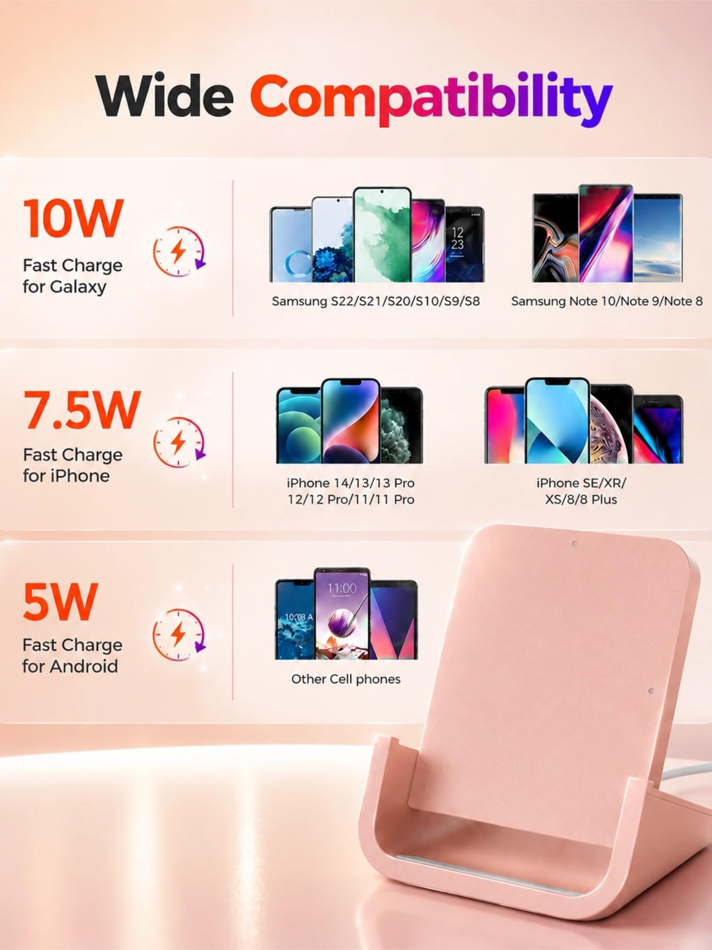 Wireless Charger YUWISS Wireless Charging Stand Cordless Charger 10/7.5/5W Compatible with iPhone 14 13 12/12 /11Pro Max/XR/XS Max/XS/X/8/8Plus Galaxy