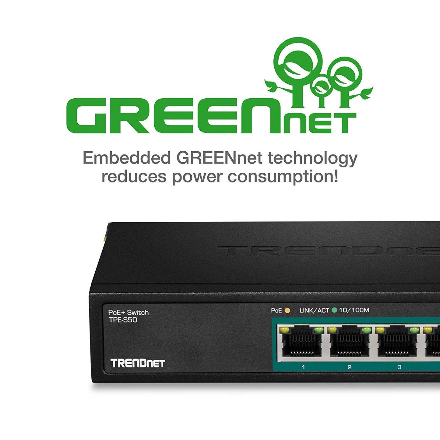 TRENDnet 6-Port Fast Ethernet PoE+ Switch, TPE-S50, NDAA Compliant, 60W PoE Budget, 1.2 Gbps Switch Capacity, Metal, Black, Lifetime Protection