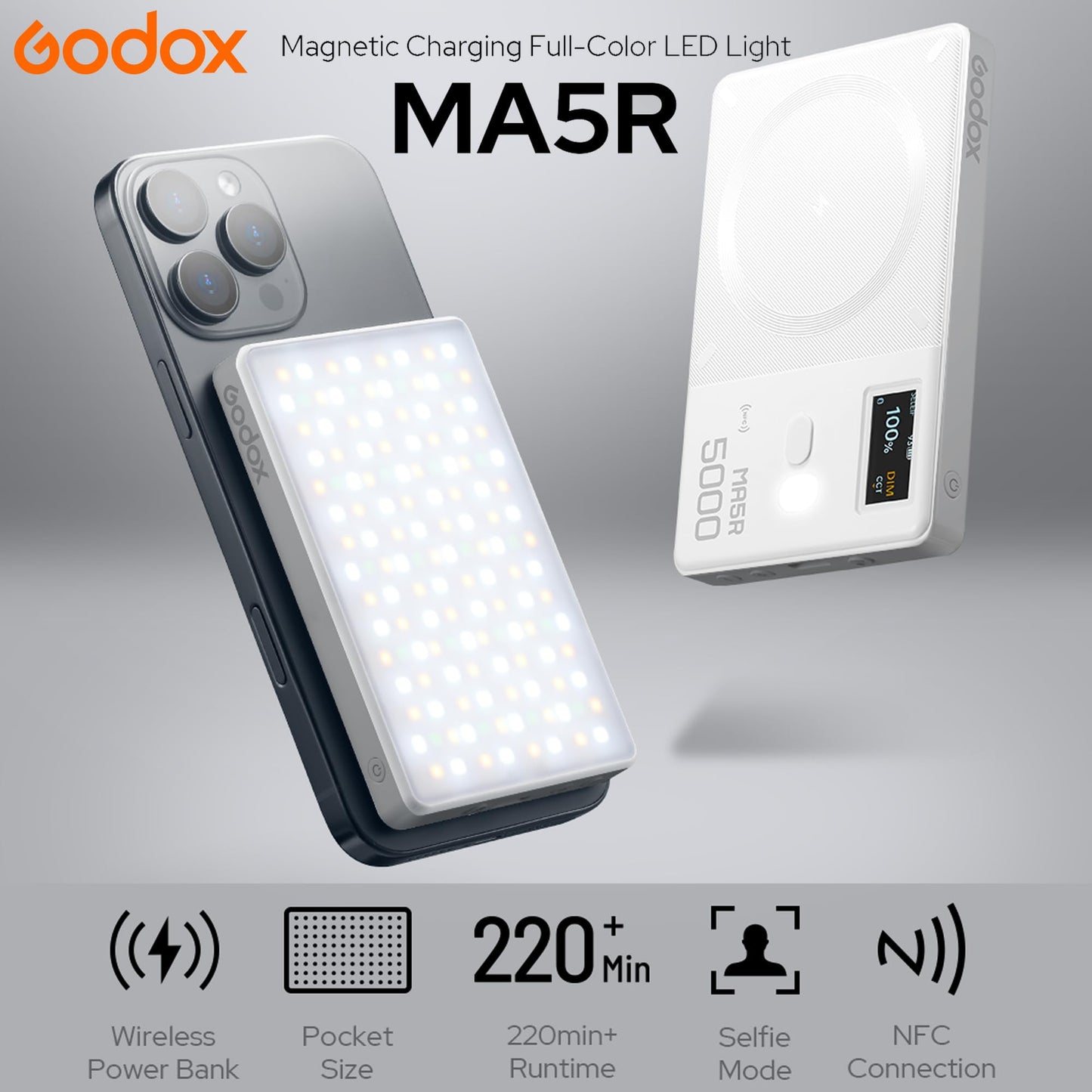 GODOX MA5R RGB LED Phone Light,Magnetic Charging Full-Color Mini On Camera Video Lights,Selfie Lighting for Photography/TikTok/Vlog/Video