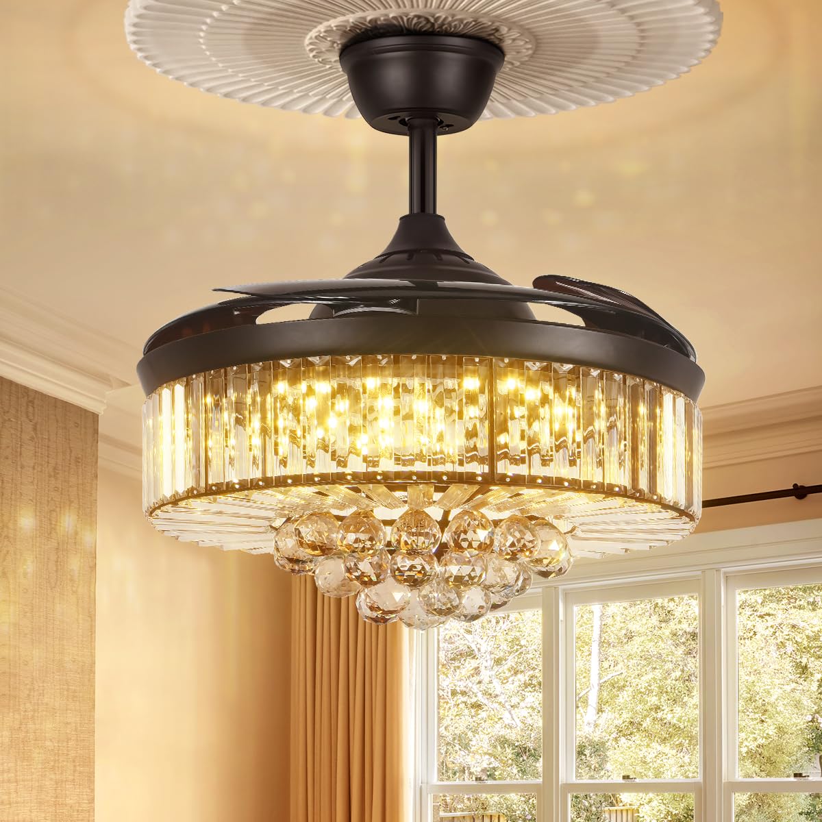 A Million 42" Crystal Ceiling Fan with Lights, Black Ceiling Fan Chandelier with Remote Control 3 Color Light and 3 Speed Change Retractable Blade