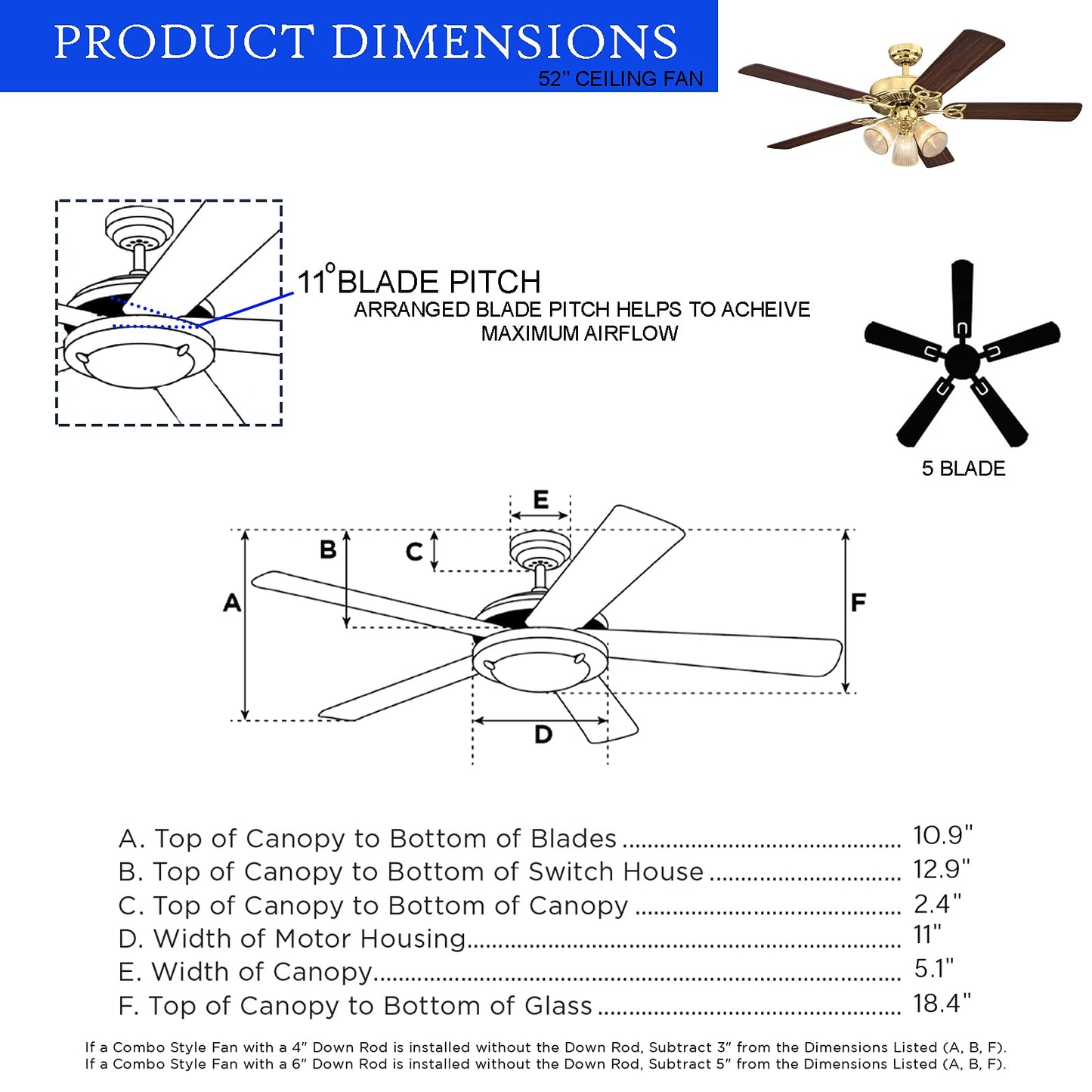 Ciata Lighting 52 Inch Vintage Indoor Ceiling Fan with Dimmable LED Light Fixture and Clear Ribbed Glass in Polished Brass Finish with Reversible