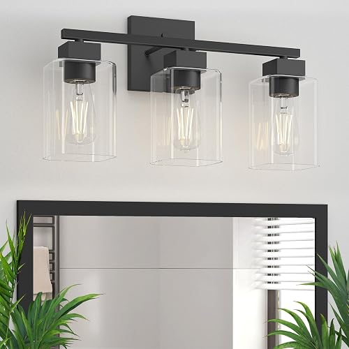 Espird Matte Black Bathroom Vanity Light, 3-Light Vanity Lighting fixtures Over Mirror, Square Design & UL Certification, Wall Sconces with Clear