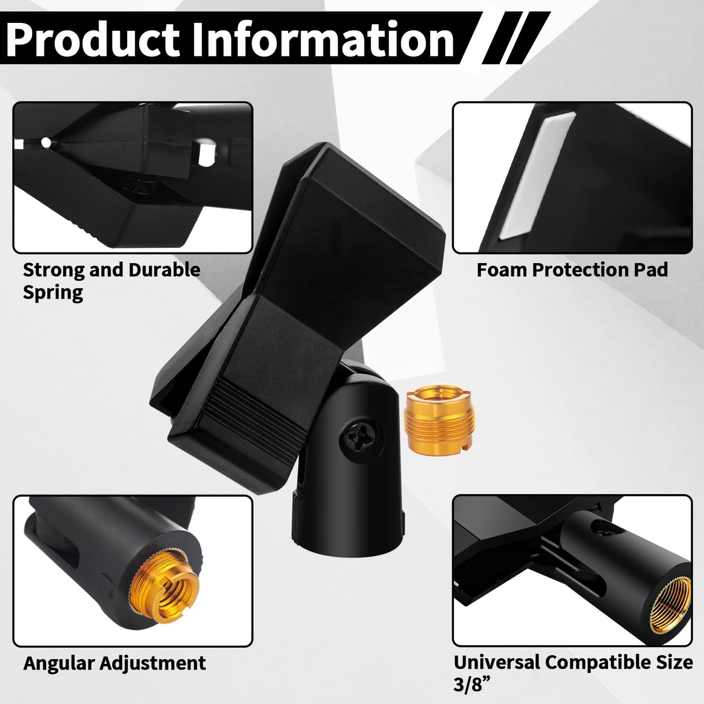 4 Pack Universal Adjustable Mic Clips for Stands, Wireless Microphone Holder with 5/8 to 3/8 Inch Adapter, 180° Adjustable Knob, Secure Clamp for Mic