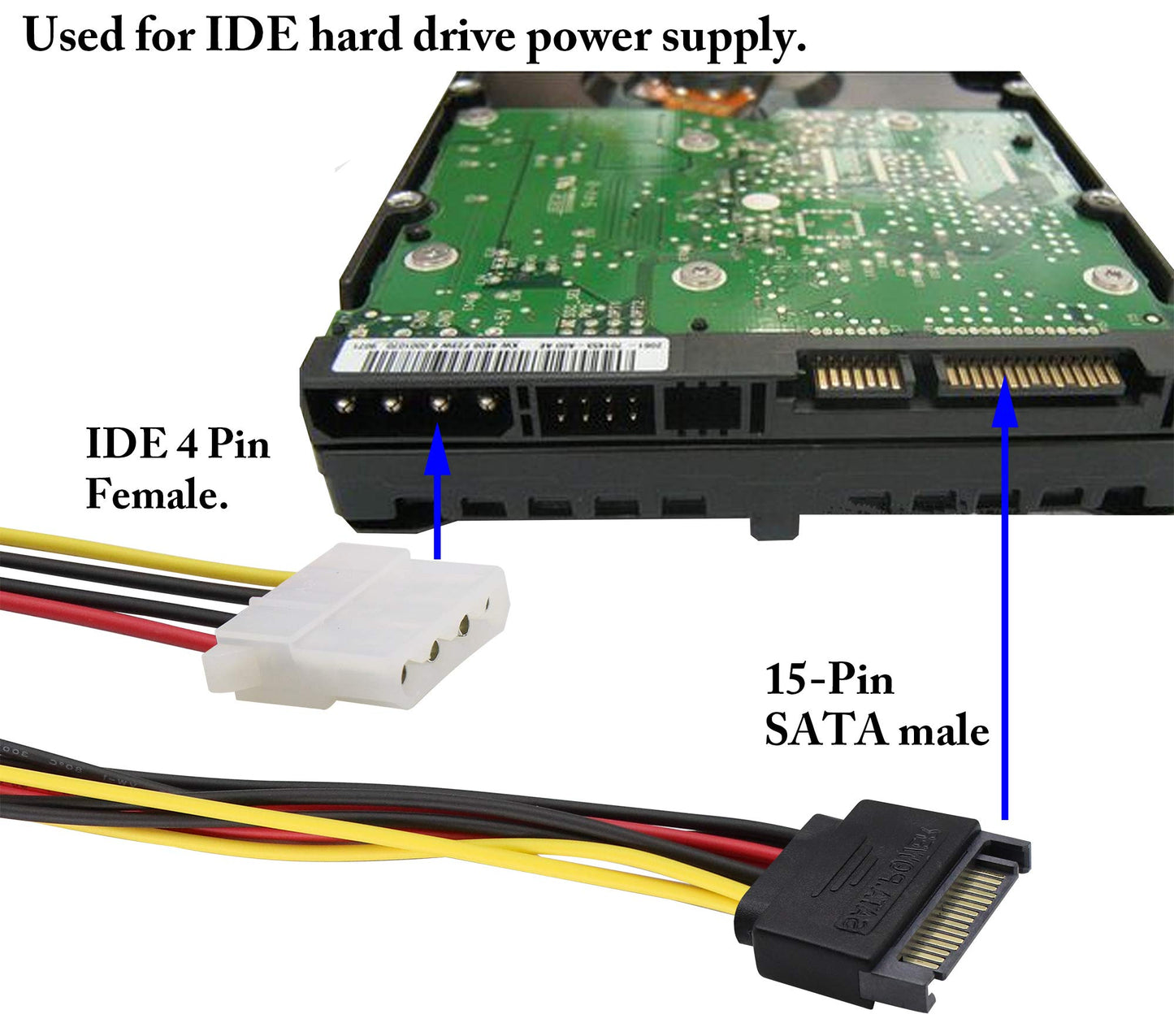 zdyCGTime SATA 15pin to Dual 4pin Molex one-to-Two Power Cord Cable,sata 15P to 4P IDE Hard Drive Power Cord Y-Splitter,SATA Male to 2 Molex Female