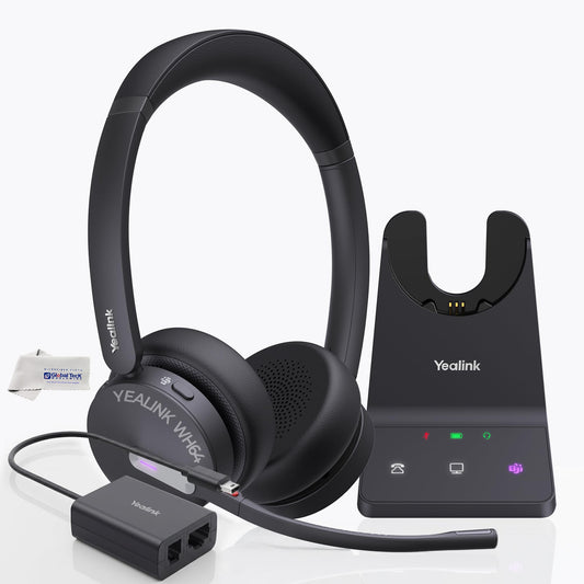 Yealink WH64 Wireless DECT Headset & Bluetooth MS Stereo & EHS62 Adapter, Teams & Zoom Compatible, Acoustic Shield 2.0, 3-Mic Noise Cancellation…
