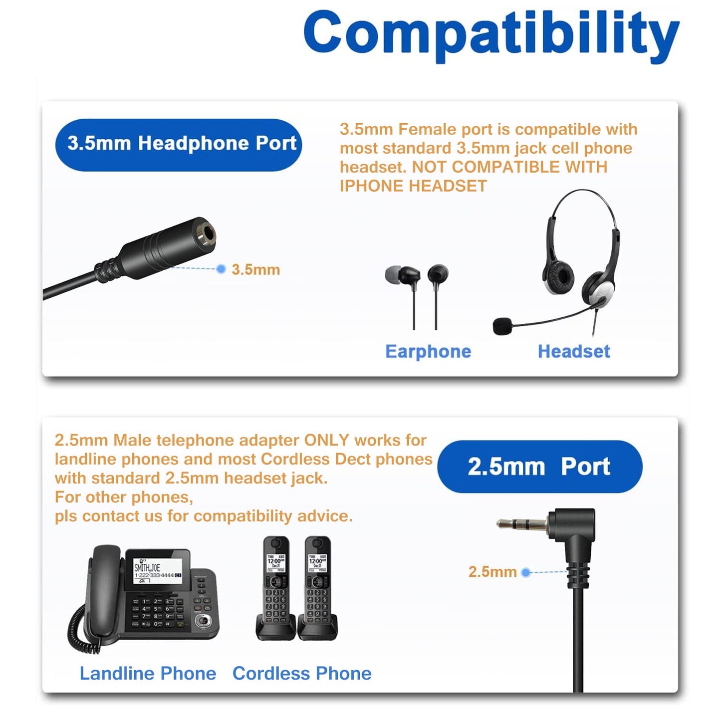 Callez 3.5mm Female to 2.5mm Male Headphone Adapter Cable Connector, Suit for Smartphone Headset Convert to 2.5mm Jack Work for Telephone and Cordless