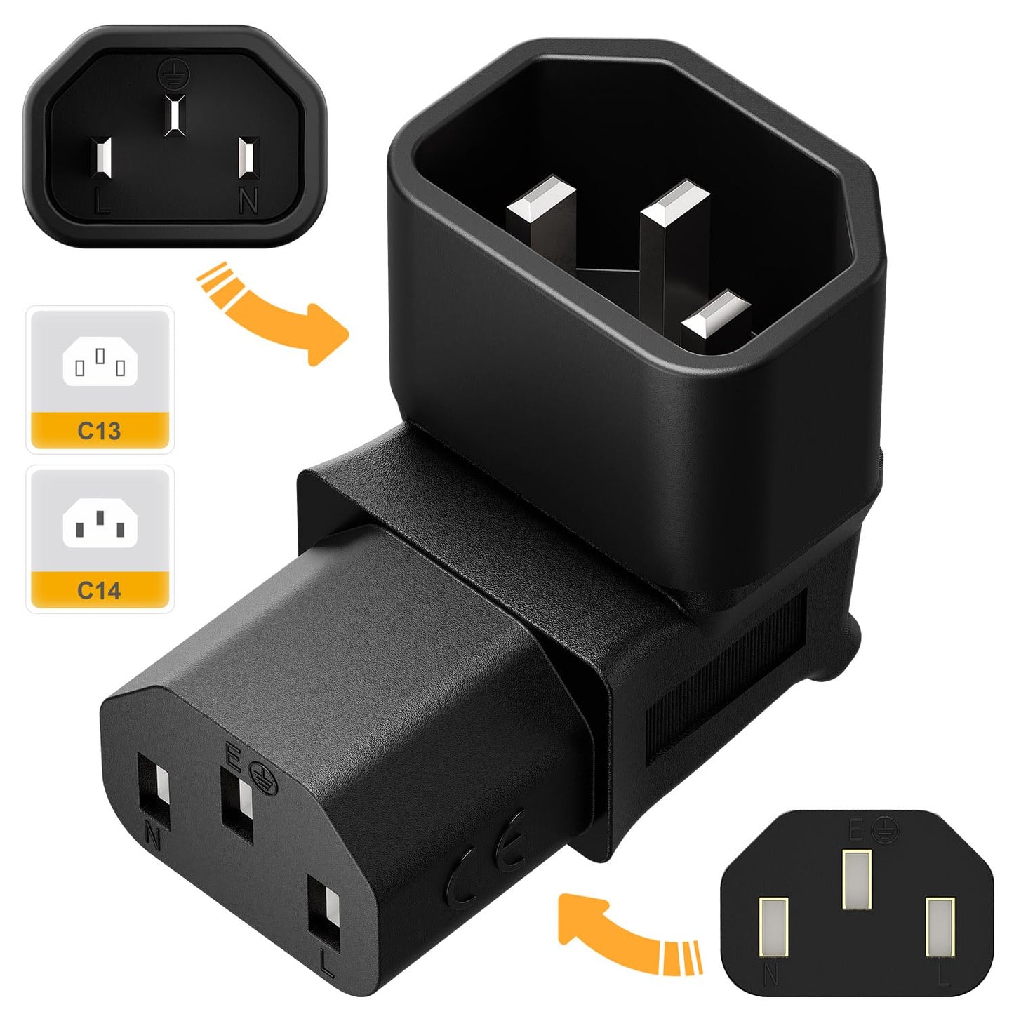 Vellcon [5Pack] IEC 320 C14 to C13 Right Angle AC Adapter, IEC 3Pole Male to Female 90Degree Up Angle AC Converter, C14 to C13 Up Angle AC Adapter