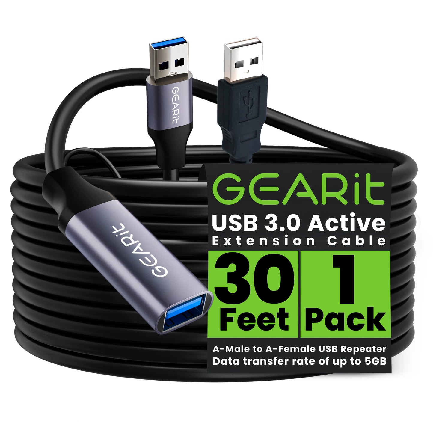 GEARit USB 3.0 Active Extension Cable (30 Feet) A-Male to A-Female USB Repeater with Signal Booster for Oculus Rift, Quest Link, Xbox 360 Kinect