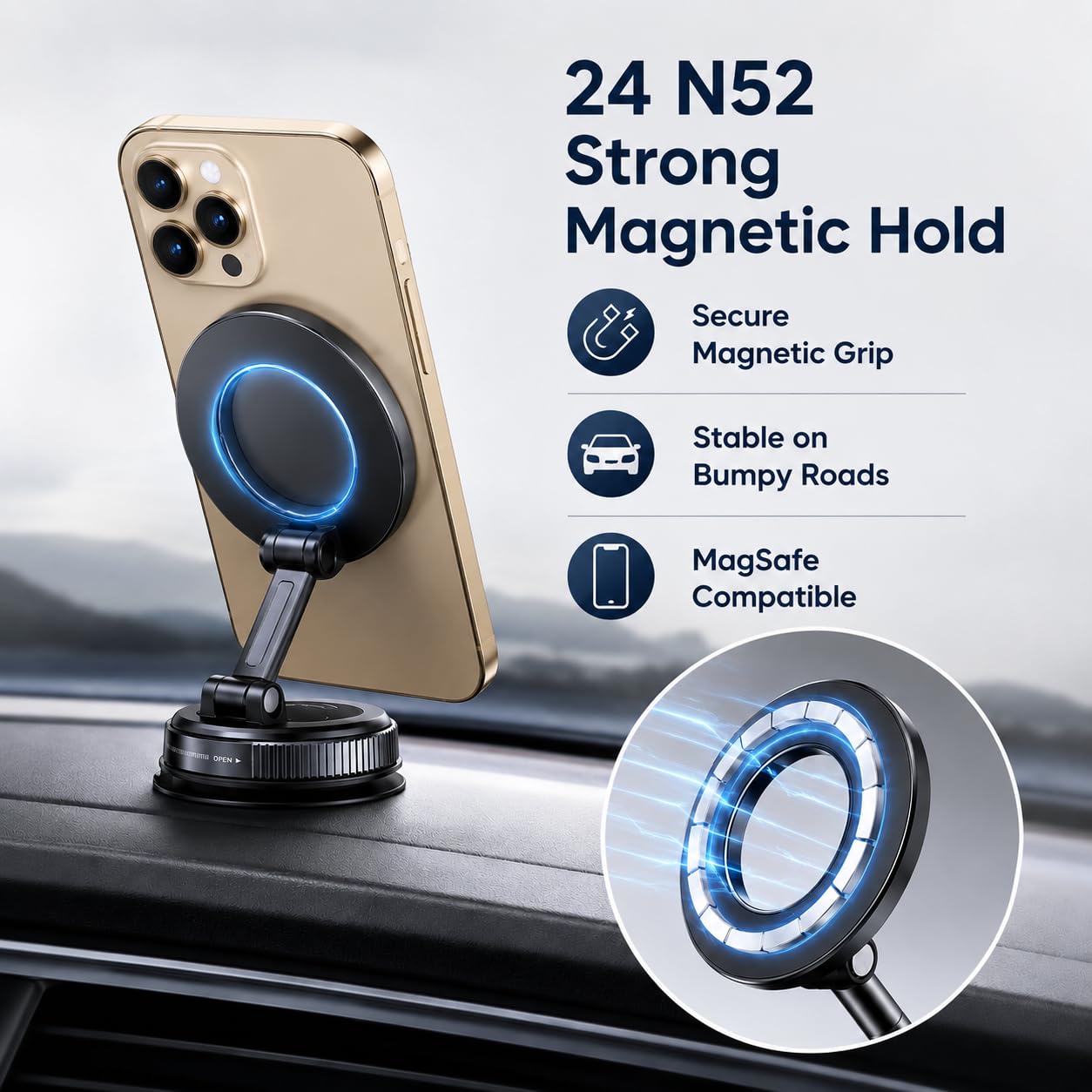 Vacuum Magnetic Car Phone Mount, 24 N52 Strong Magnets Car Phone Holder for MagSafe, 2-in-1 Suction Cup & Adhesive Pad Phone Holder for Car Dashboard
