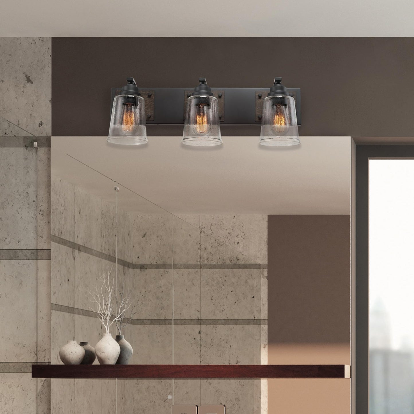 Globe Electric 51852 3-Light Vanity Light, Bathroom Wall Fixture, Matte Black and Dark Faux Wood Finish, Clear Seeded Glass Shades, E26 Base, Dimmable