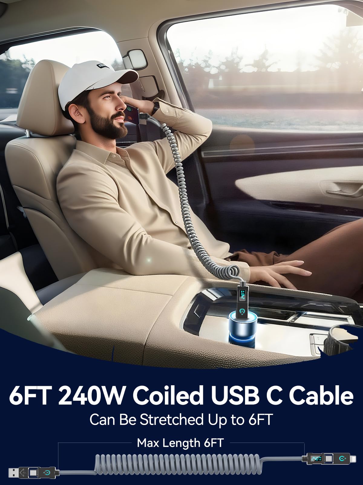 Haiteron 240W Coiled USB C Cable for Car,4 in 1 Charging Cable Fast Charging USB C to USB C Cable with LED Display Combo USB A/C to C/L for iPhone