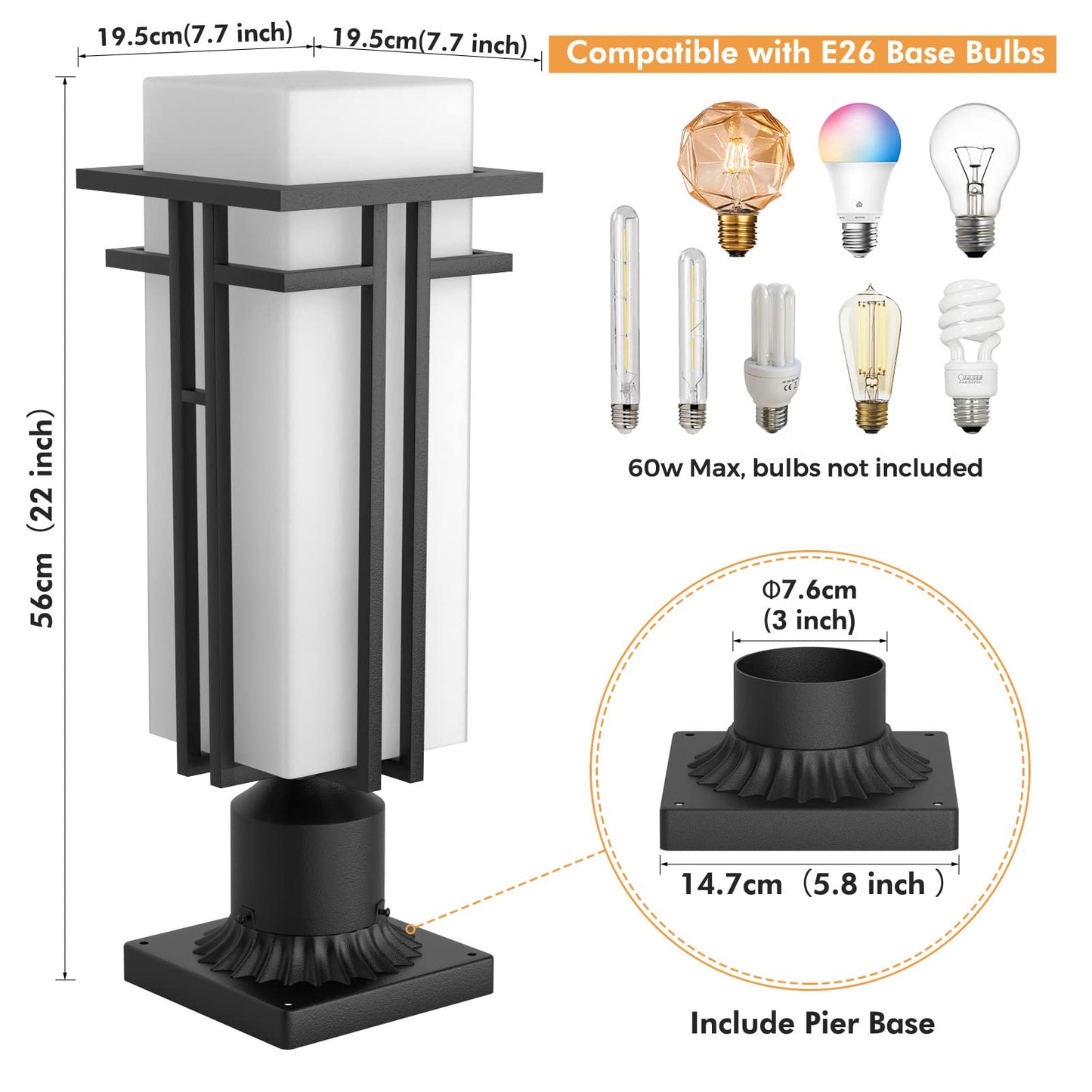 Yoenecea Outdoor Post Light Fixture - Aluminum Lamp Posts Outdoor Lighting, Outdoor Lightpost Lantern with 3-Inch Pier Mount Base Outside Pole