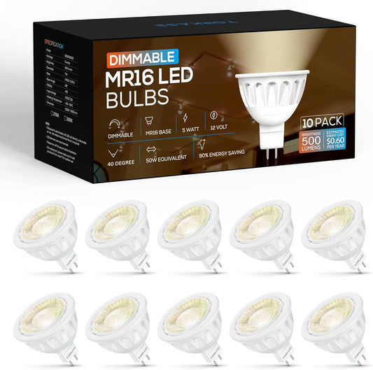 Torkase Dimmable MR16 LED Bulbs(UL Listed),2700K Soft White,5W-50W Equivalent,GU5.3 Bi-Pin Base,12V Low Voltage,40-D Narrow Beam Angle,Indoor/Outdoor