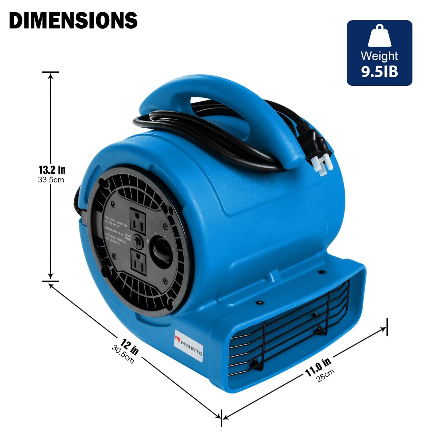 MOUNTO 1/5hp Air Mover 800cfm Blower Fan Carpet Floor Drying Fan - 3-Speed Compact Air Mover w/Dual Outlet, 10ft Power Cord for Drying, Cooling, Air