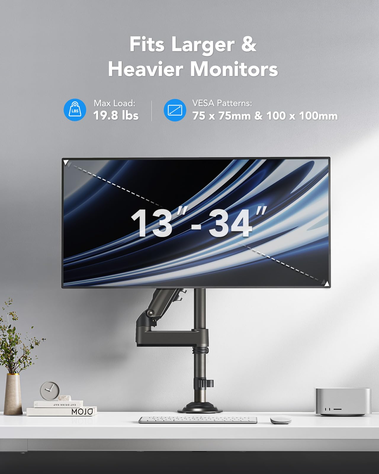 HUANUO Single Monitor Arm, Adjustable Desk Mount for 13-34 inch Screens, Holds 19.8lb, 22.44 inch Max Height, Full Motion Swivel Gaming Monitor Stand