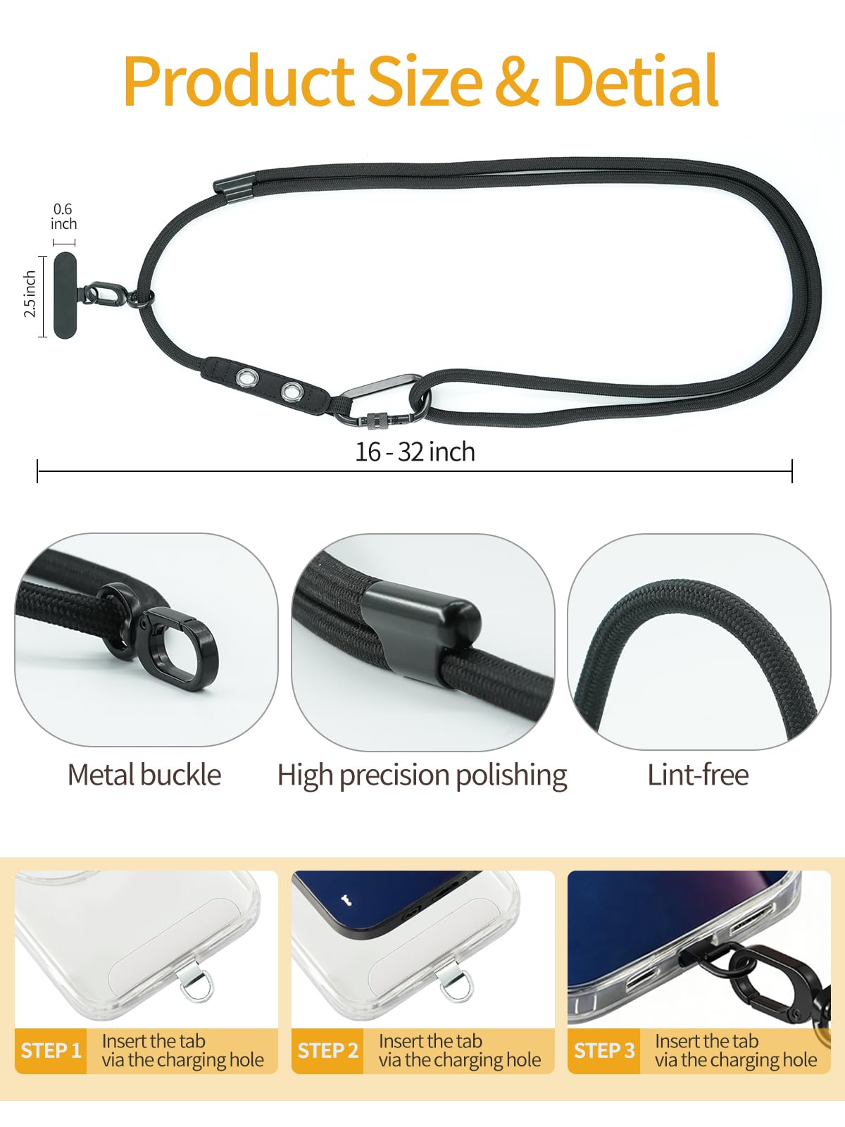 Phone Lanyard Adjustable Cell Phone Lanyard Crossbody with 2 Tabs Anti Theft Phone Strap for All Phones Premium Metal Buckles,Cell Phone Neck Strap