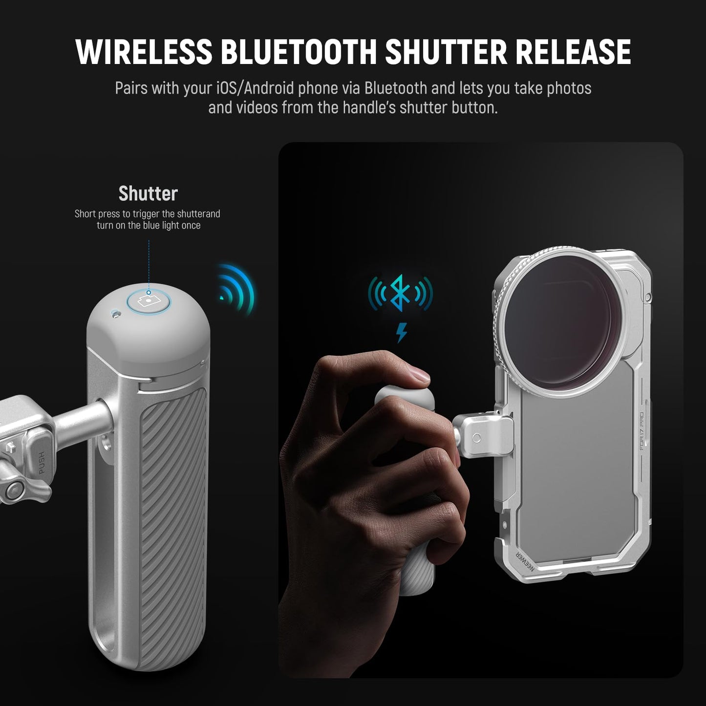 NEEWER Quick Release Side Handle with Detachable Bluetooth Shutter, Anti Off Cold Shoe, 360° Rotation, Compatible with iPhone 16 Pro 16 Pro Max S25