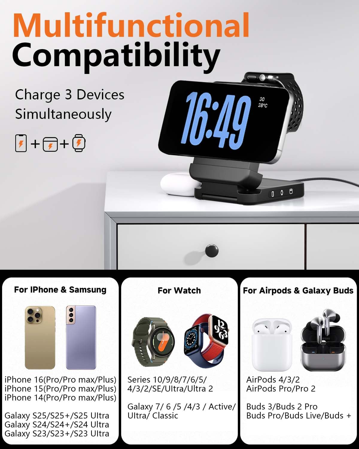 3-in-1 Foldable Wireless Charging Station, 15W Qi2 Magnetic Charger Stand for iPhone, Samsung, Apple Watch, Galaxy Watch, AirPods and Galaxy Buds