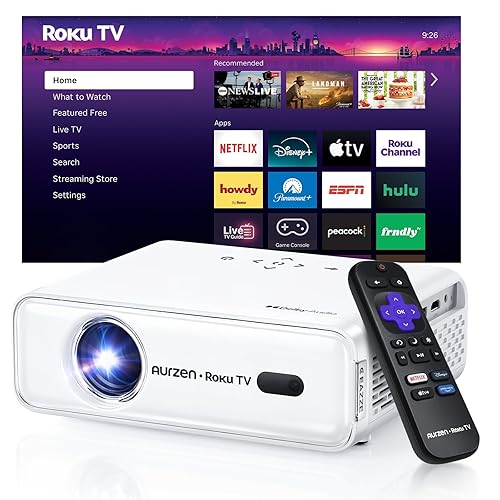 Aurzen Roku TV Smart Projector with Wifi and Bluetooth, Roku Streaming Experience Built-in, 1080P FHD, DoIby Audio, Auto Focus & Keystone, Zoom, Movie