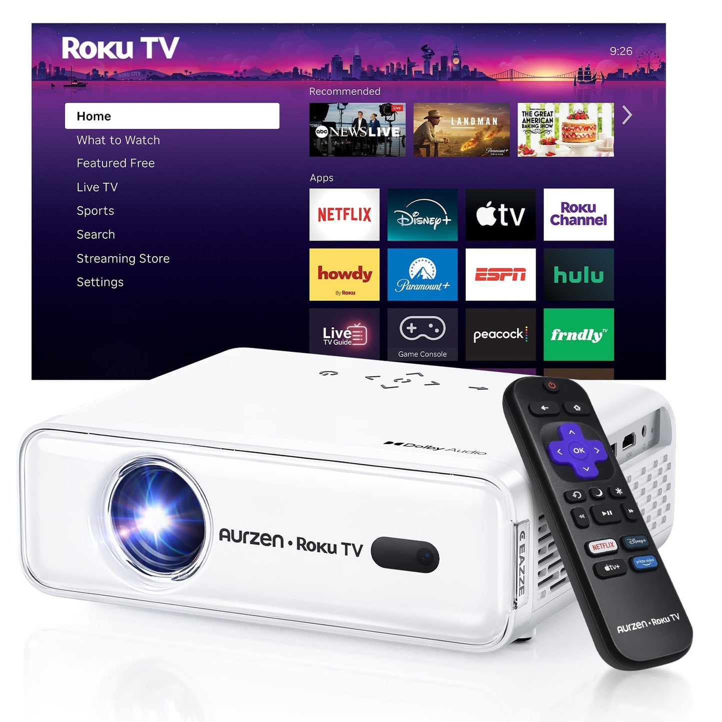 Aurzen Roku TV Smart Projector with Wifi and Bluetooth, Roku Streaming Experience Built-in, 1080P FHD, DoIby Audio, Auto Focus & Keystone, Zoom, Movie