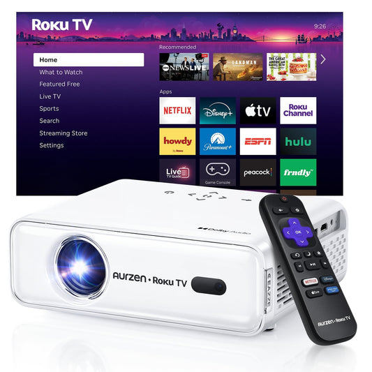 Aurzen Roku TV Smart Projector with Wifi and Bluetooth, Roku Streaming Experience Built-in, 1080P FHD, DoIby Audio, Auto Focus & Keystone, Zoom, Movie