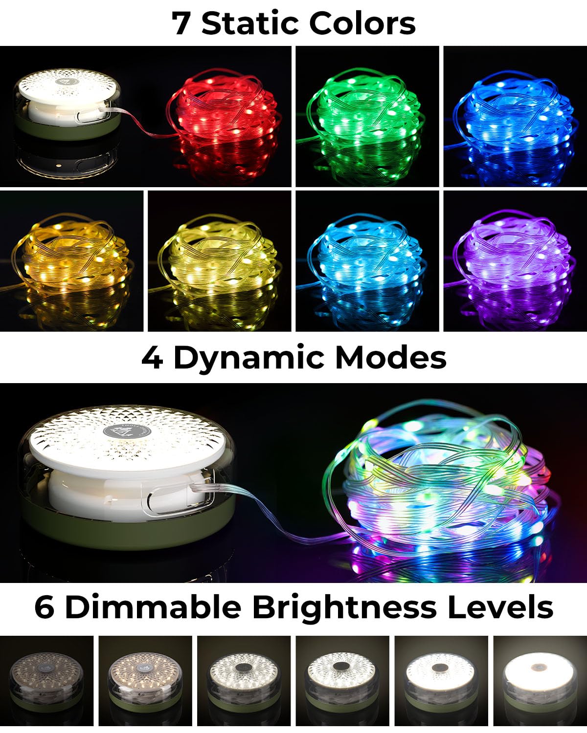 Camping String Lights, 32.8ft Retractable RGB Tent String Lights, Rechargeable LED Hanging Tent Lantern, Portable Twinkle Camp Lamp for Outdoor