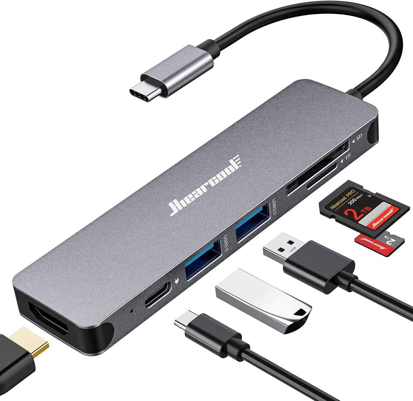 Hiearcool USB C Hub for MacBook - 7-in-1 USBC Adapter with 4K HDMI, 100W PD, USB 3.0 5Gbps Ports, SD/TF Card Reader - USB-C Dongle for Office