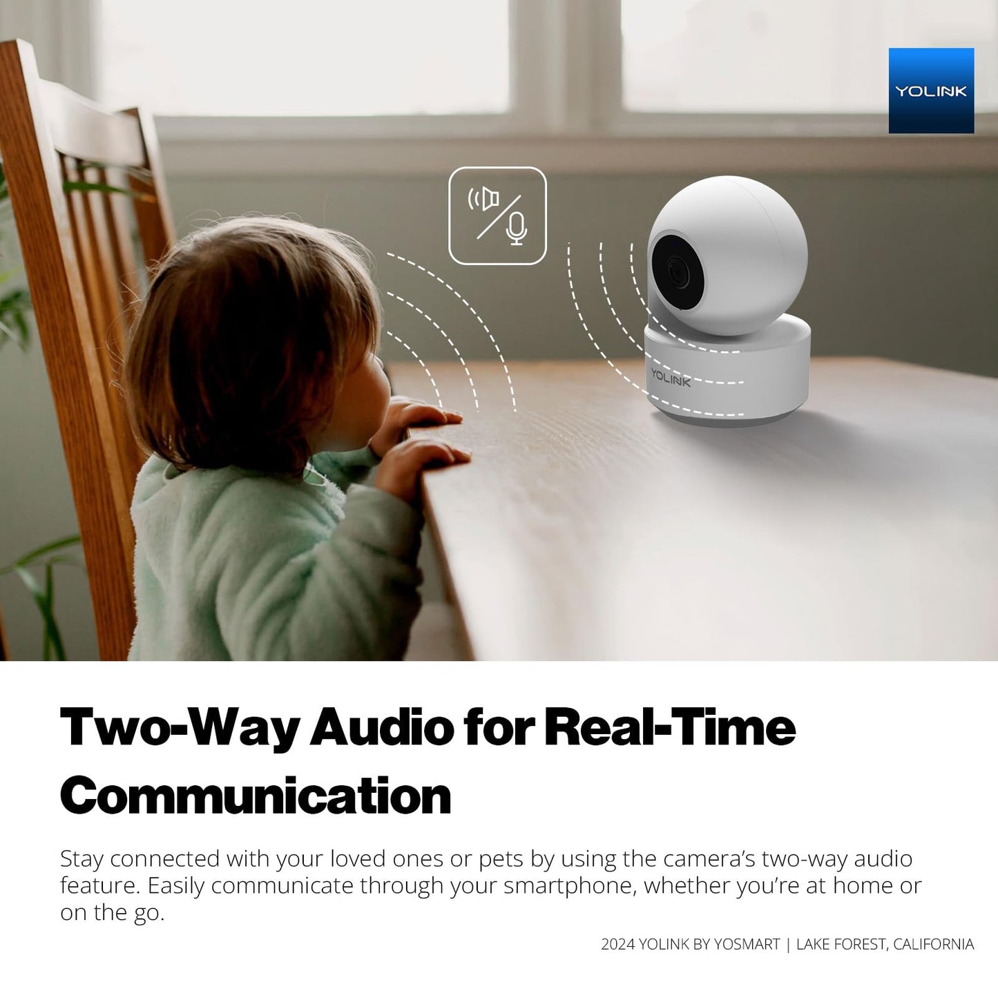 YoLink Uno 2.4G WiF Wireless Home Security Camera Indoor, for Baby and Pet Monitor, 1080p Dog Camera with Phone App, Night Vision B/W, 2-Way Audio