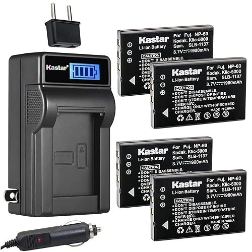 Kastar 4-Pack NP-60 Battery and LCD AC Charger Compatible with Vivitar Video Cameras DVR-840XHD DVR-565HD DVR-390H DVR-530 DVR-545 DVR-550 DVR-550G