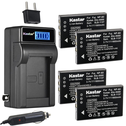Kastar 4-Pack NP-60 Battery and LCD AC Charger Compatible with Vivitar Video Cameras DVR-840XHD DVR-565HD DVR-390H DVR-530 DVR-545 DVR-550 DVR-550G