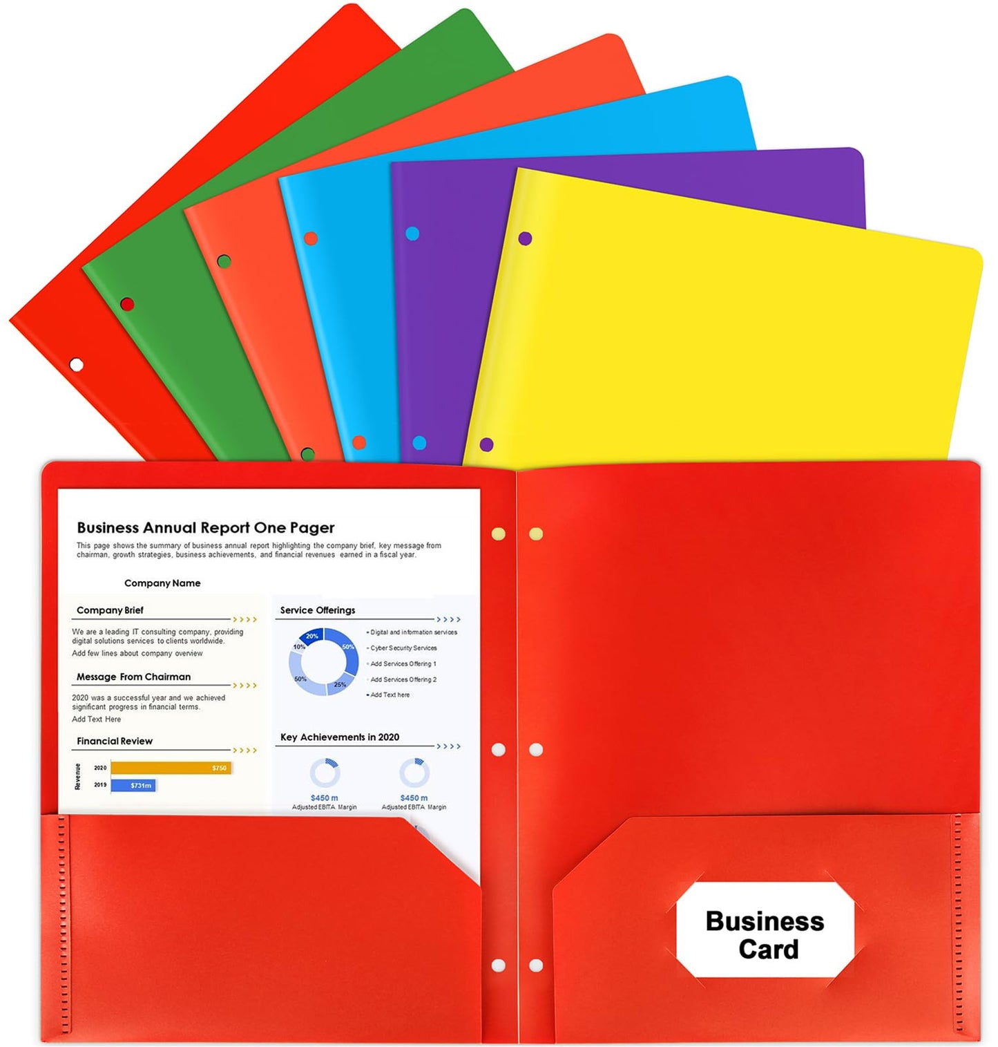 6 Pack Colored Folders with Pockets 3 Hole Punched, Plastic, Binder Folders