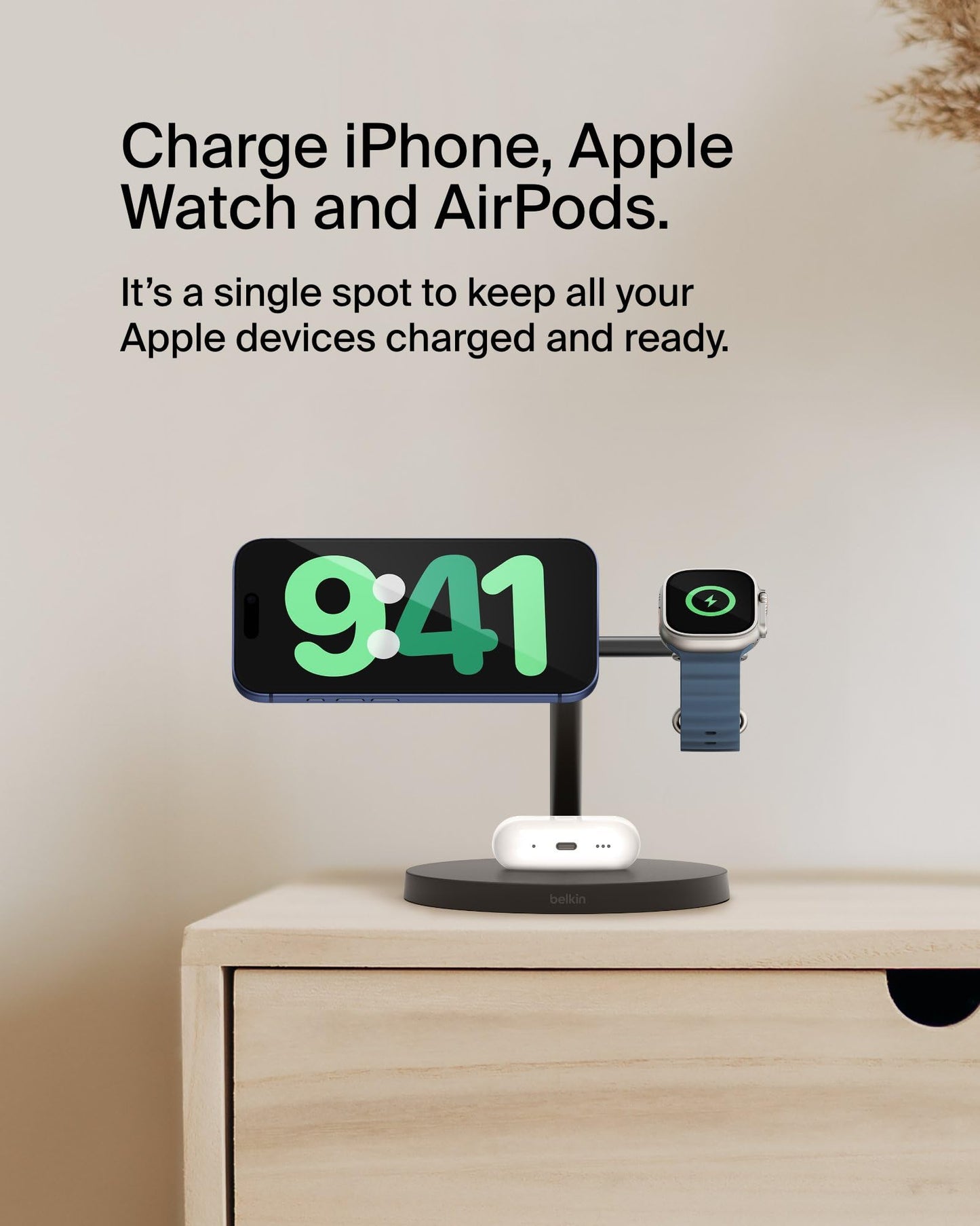 Belkin MagSafe-Compatible iPhone Charger, 3-in-1 Wireless Charging Station, Qi2-Certified 15W Wireless Charge for Apple iPhone 17 Series, Apple Watch