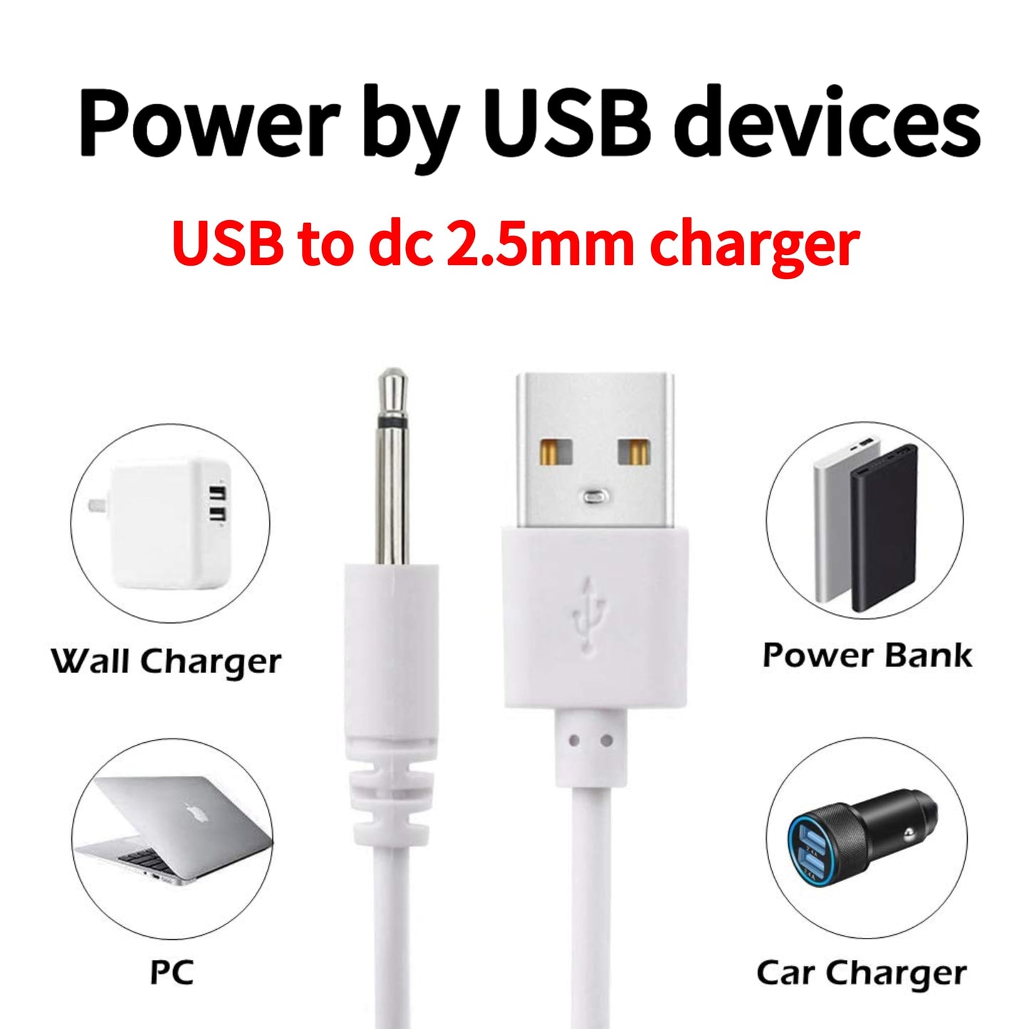 Bizooth 2.7ft Replacement DC Charging Cable (2 Pack), USB to DC 2.5mm Fast Charger Cord Adapter - Massager Charger Cords