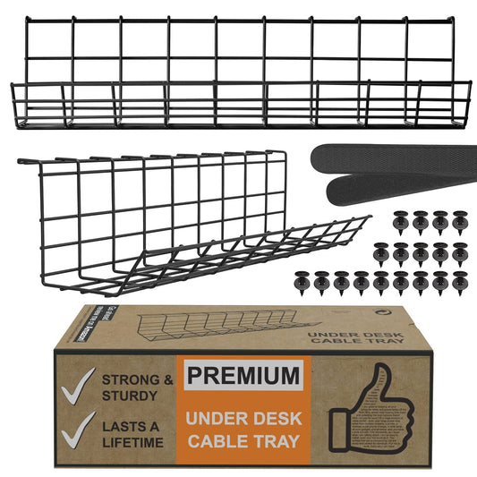 Under Desk Cable Management Tray, Cord Organizer for Wire, Cord Management Under, Wire Holders - Black Tray - Set of 2X 17