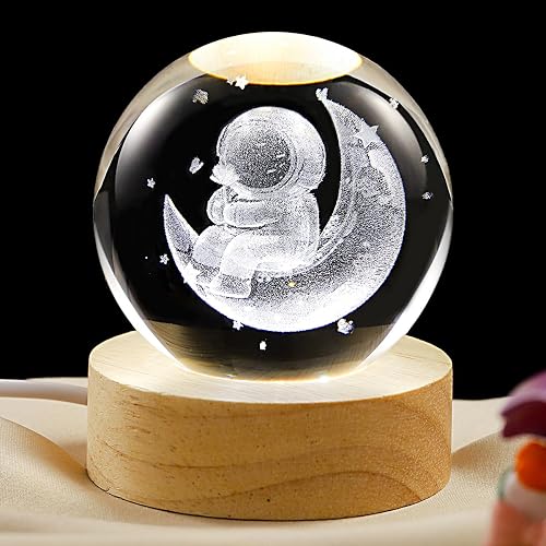 YANFEYHA 3D Moon Crystal Ball Lamp with Dimmable LED and Wooden Base, Night Light for Kids Teens Adults, Home Desk Office Bedroom Decor, Birthday Gift