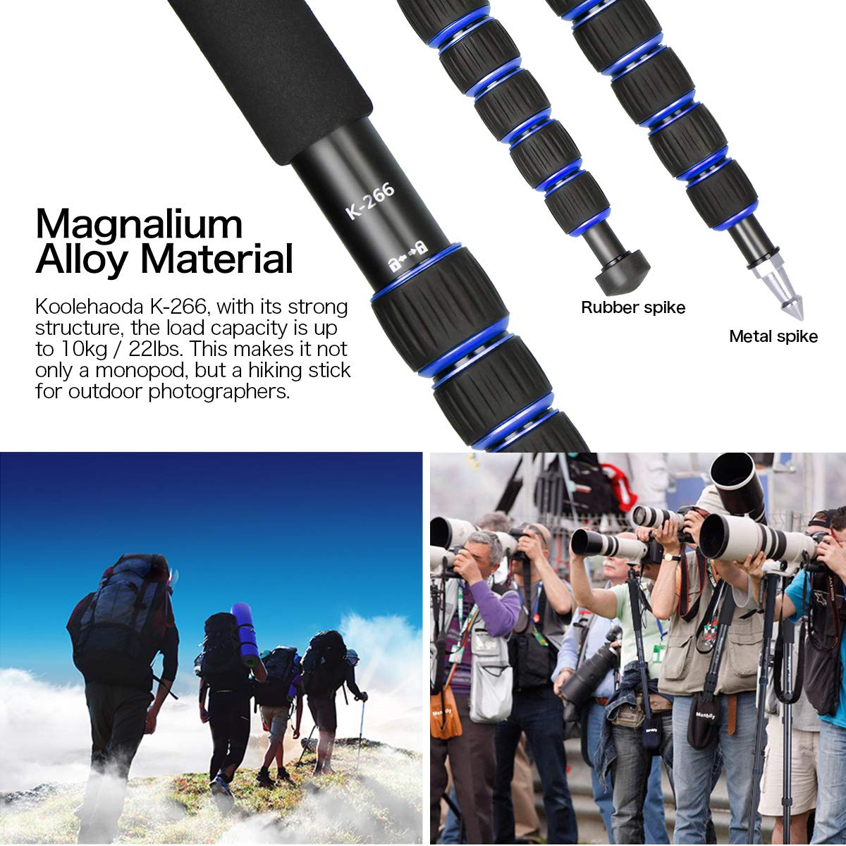 Koolehaoda 6-Section Monopod Compact Portable Photography Aluminum Alloy Unipod Stick, Max. Load 10kg / 22lbs, Folding Size is only 15-inch (K-266