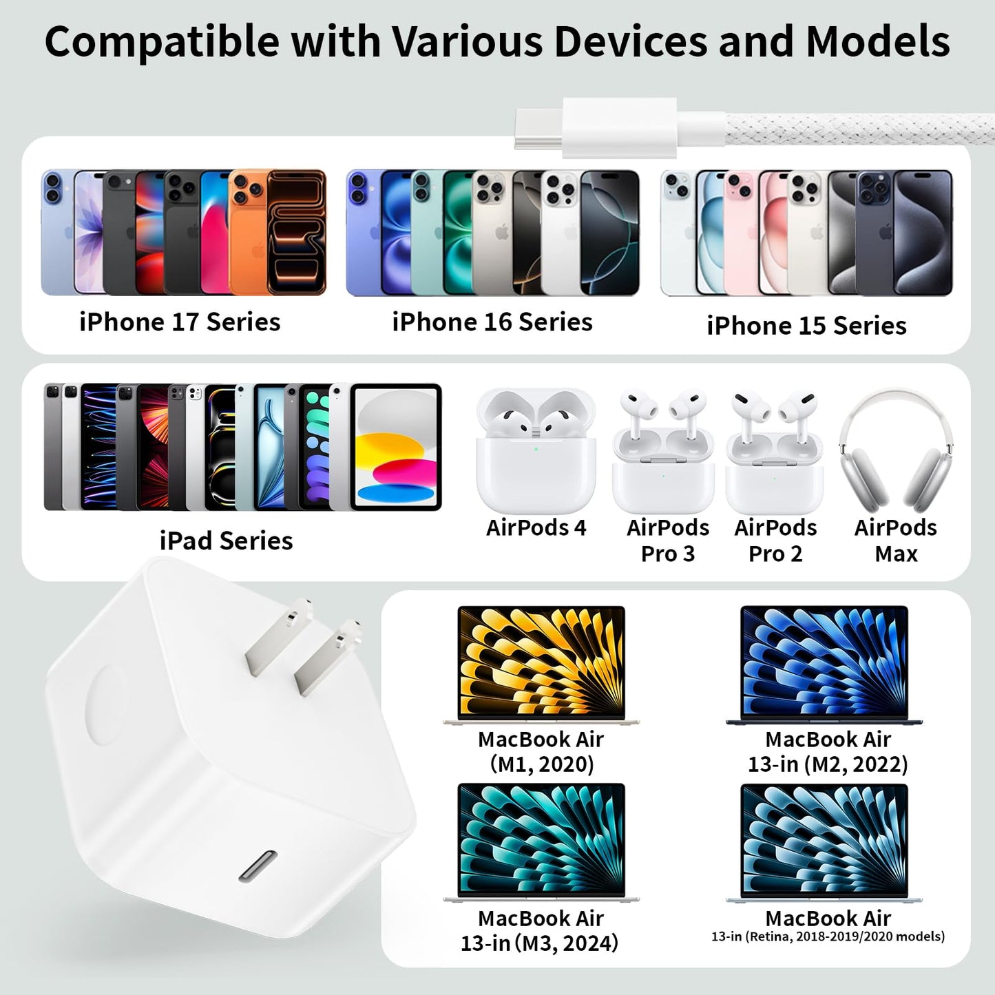 iPhone Charger Fast Charging,1-Pack USB-C Charge 40W iPhone 17 Charger with 60W Max Foldable Plug & USB C Cable 10FT, Compatible with i Phone 17/17