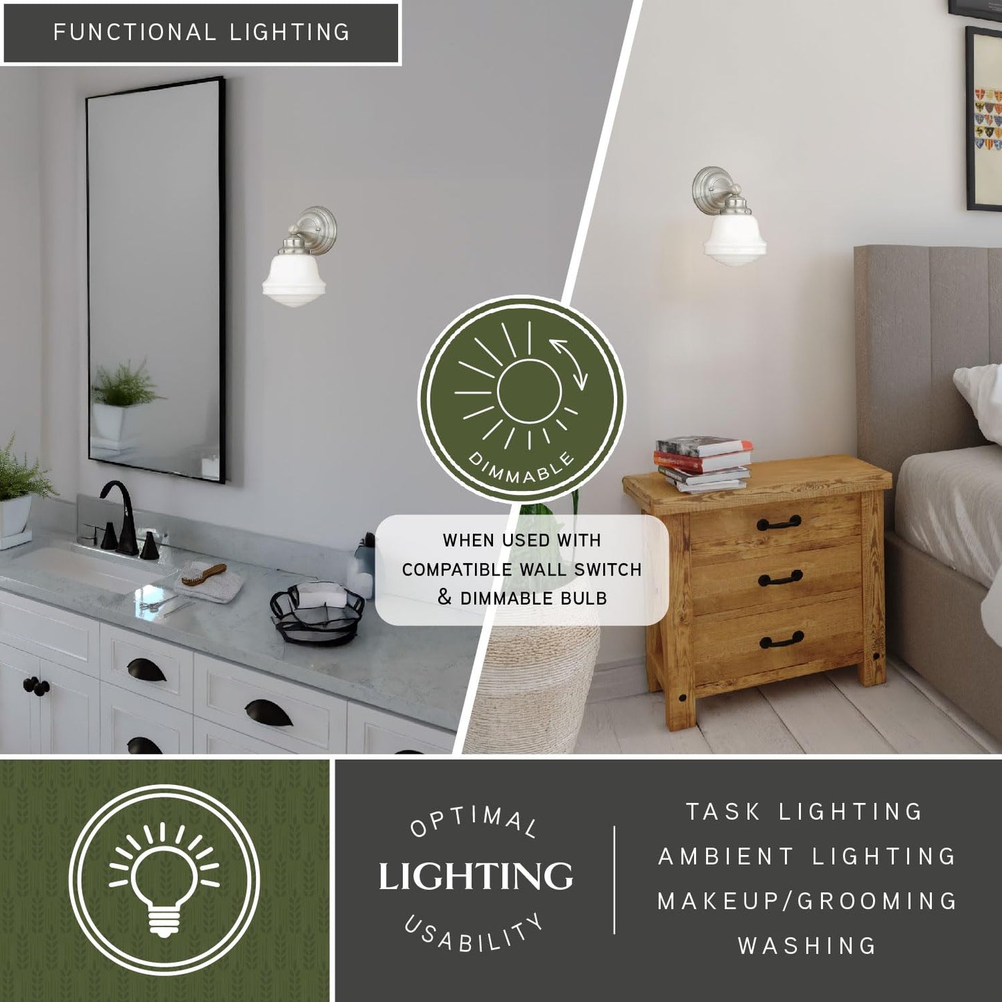 VAXCEL Huntley 1-Light 6.75 inch Wide Satin Nickel Farmhouse Bathroom Vanity Lighting Fixture, White Schoolhouse Milk Glass Globe Shade, Dimmable, LED