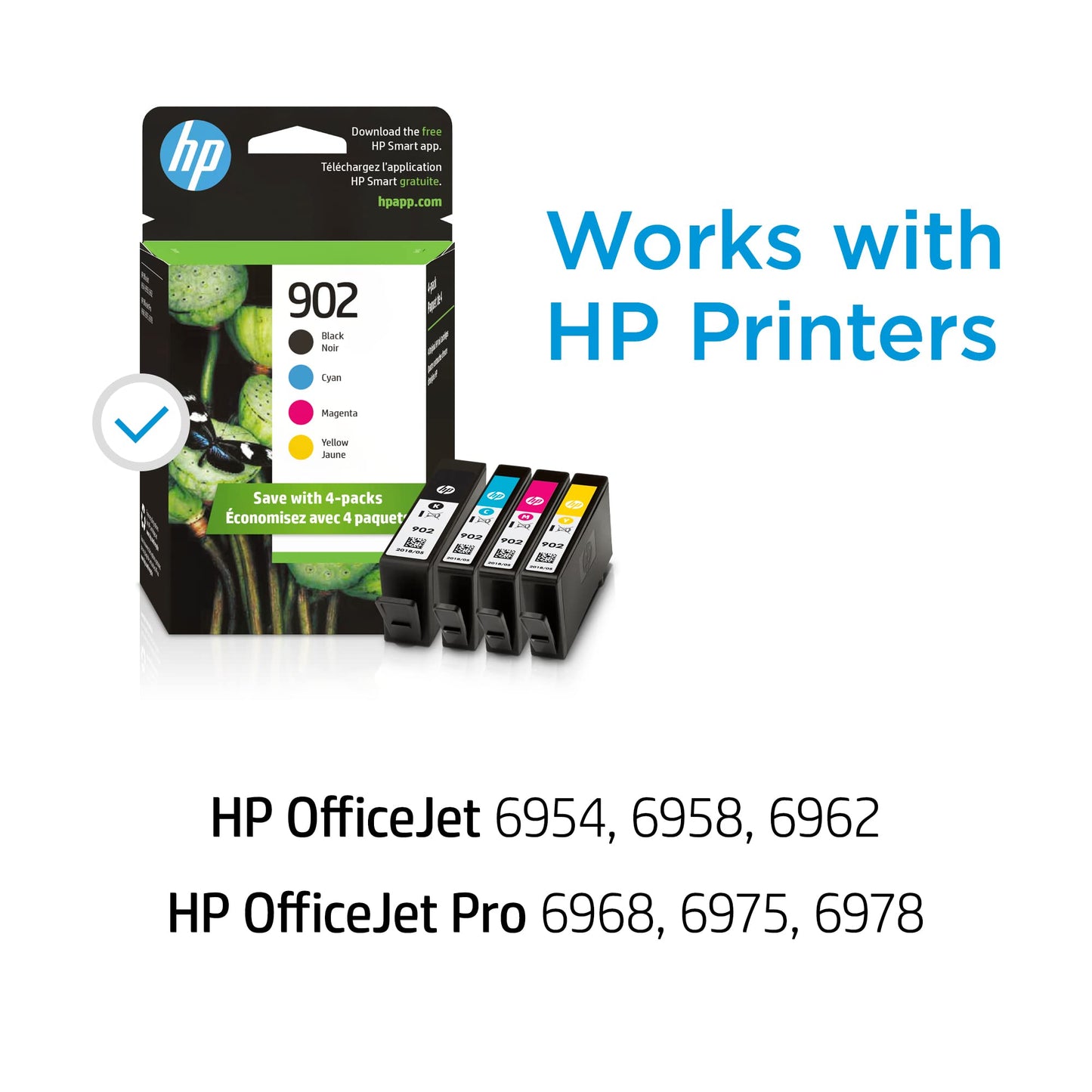 HP 902 Black, Cyan, Magenta, Yellow Ink Cartridges (4-Pack) | Works with OfficeJet 6950, 6960, Pro 6960, 6970 Series | X4E05AN
