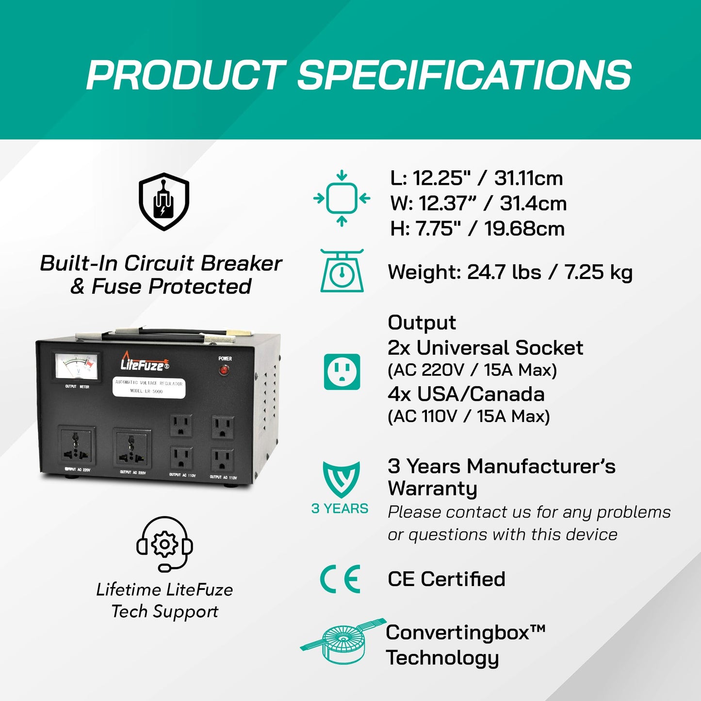LiteFuze 5000 Watt Voltage Transformer Converter with Builtin Regulator - Step Up/Down - 110V/220V - Circuit Breaker Protection [5-Years Warranty]