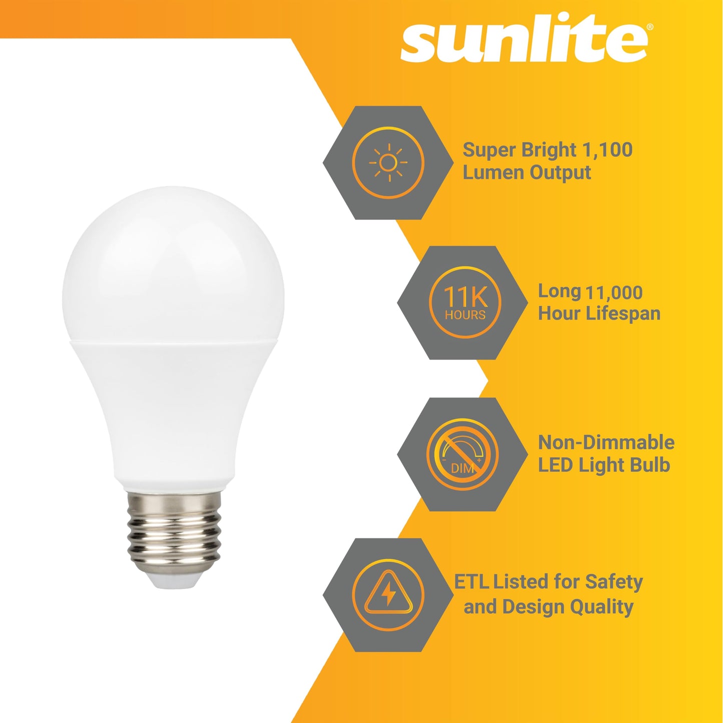 Sunlite 80859-SU LED A19 Light Bulb, Non-Dimmable 12 Watt (75W Equivalent), 1100 Lumens, Medium (E26) Base,ETL Listed, 3000K Warm White, 3 Count