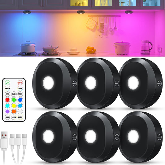 WILLED Under Cabinet Lighting Wireless,RGB Rechargeable Puck Lights with Remote Control,Battery Touch Tap Light with Timer Function,Stick On LED