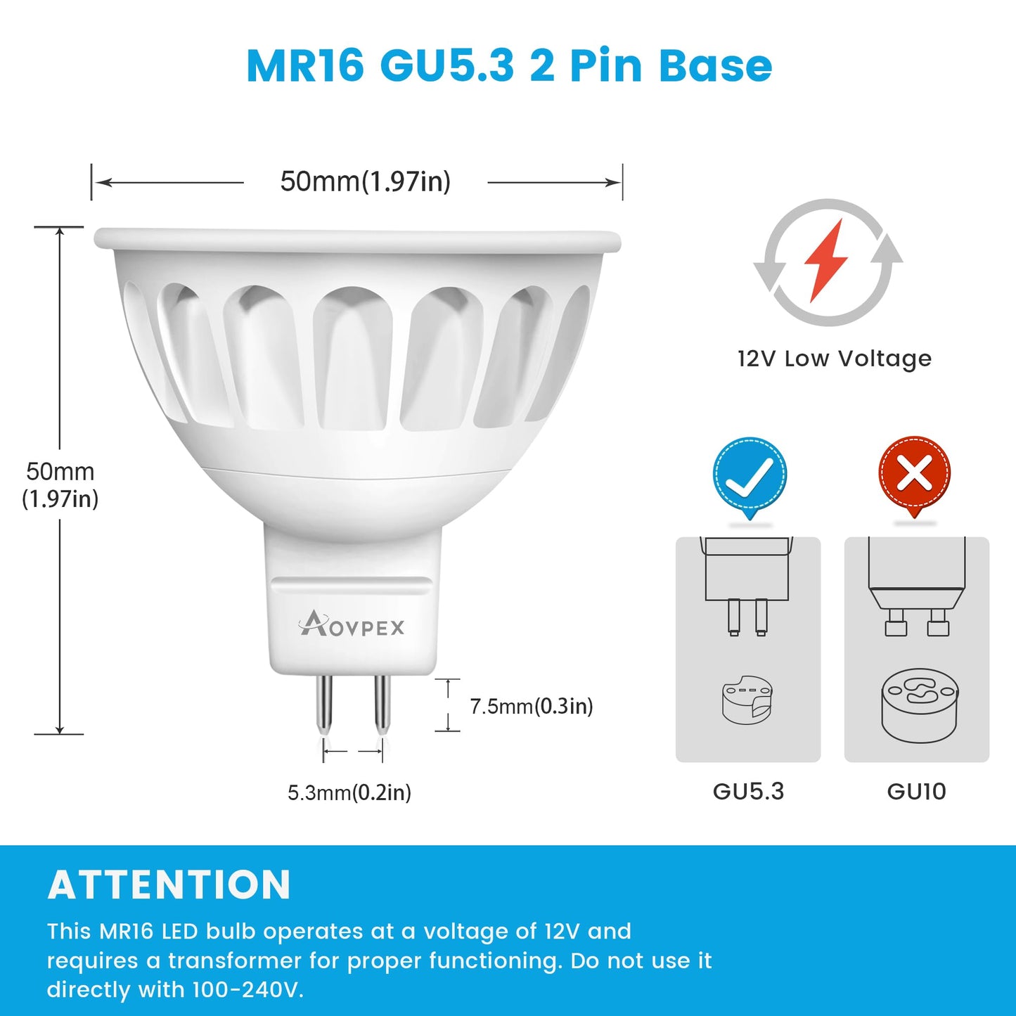 Aovpex 10 Pack Dimmable MR16 LED Bulbs, 12V 5W(50-Watt Equivalent), 3000K Warm White, GU5.3 Bi-Pin Base, 40-Degree, Indoor/Outdoor Landscape Spotlight