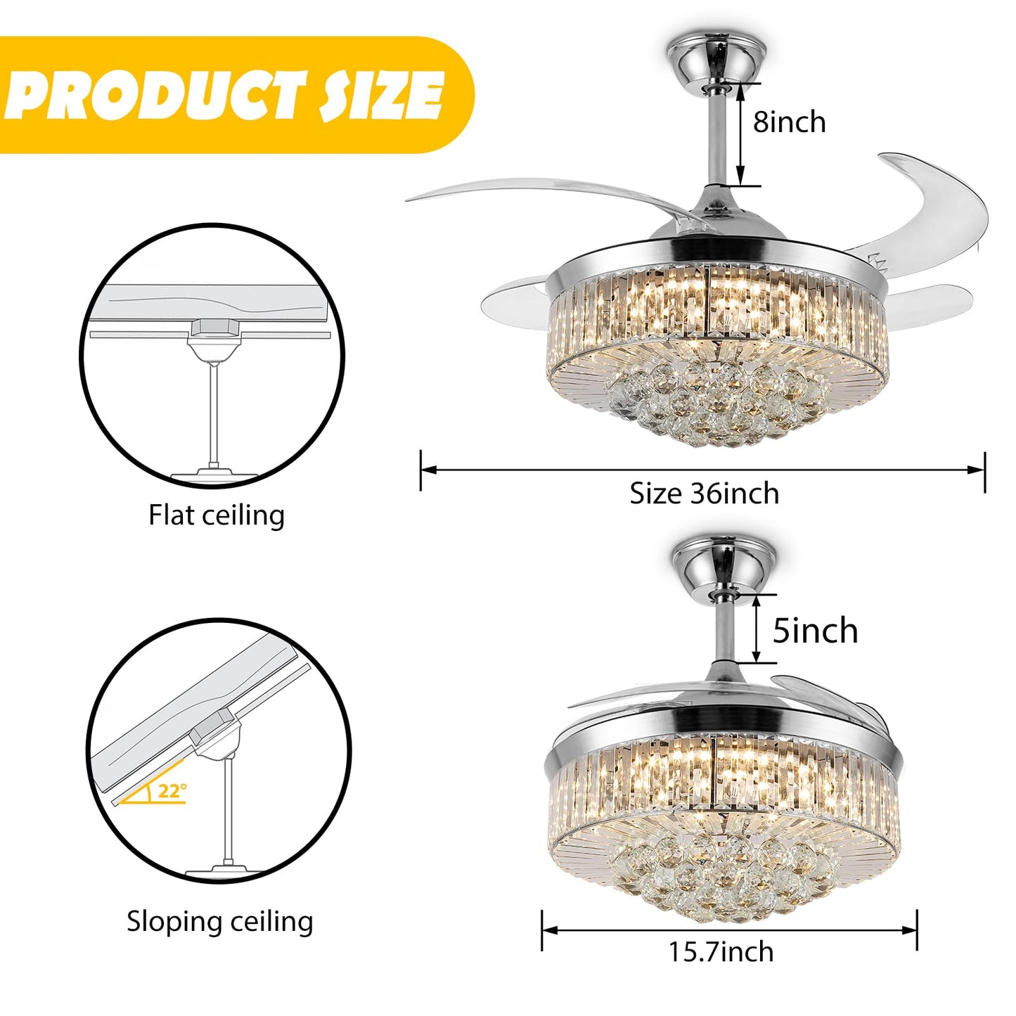 Panghuhu88 36" Invisible Ceiling Fan Chandelier Light,Modern Crystal Ceiling Fan Light Remote Control 4 Retractable ABS Blades for Bedroom Living Room