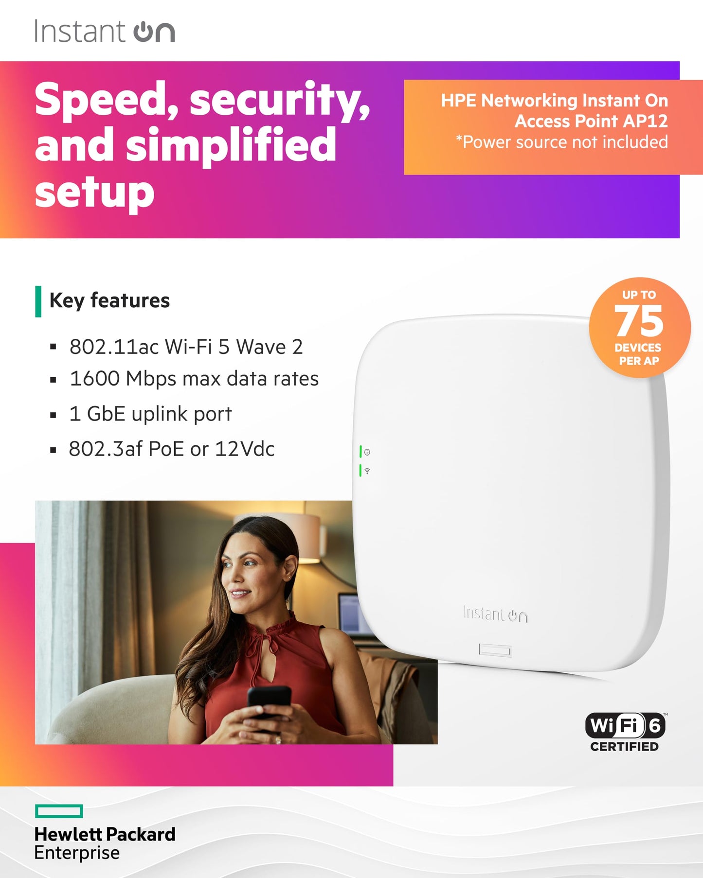 HPE Networking Instant On Access Point AP12 3x3 WiFi 5 Indoor Wireless Access Point | Power Source Not Included | US Model (R2X00A)
