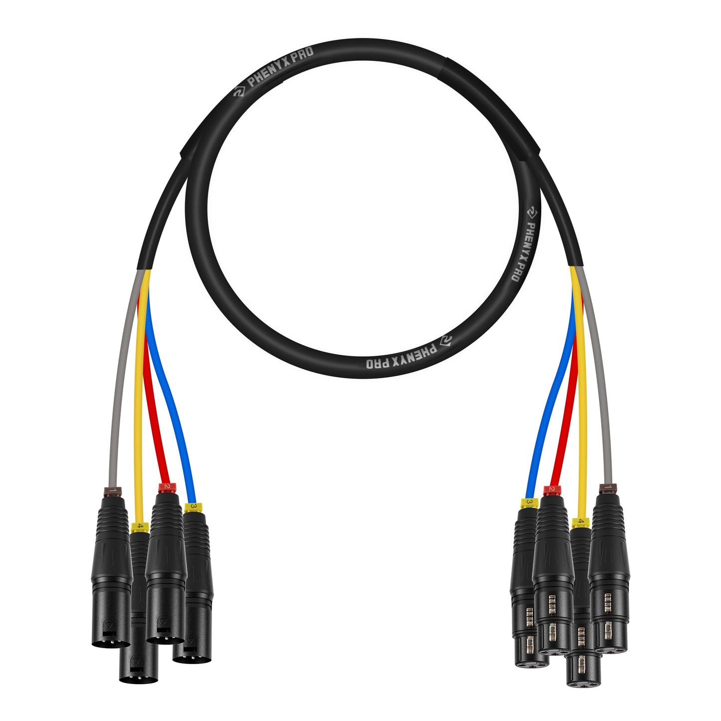 Phenyx Pro 4-Channel XLR Cable, 3 Ft Snake Cable, Balanced Microphone Cord, XLR Splitter, Color-Coded, 4-in-1 Design, 3-PIN Male to Female Patch Wire