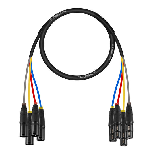 Phenyx Pro 4-Channel XLR Cable, 3 Ft Snake Cable, Balanced Microphone Cord, XLR Splitter, Color-Coded, 4-in-1 Design, 3-PIN Male to Female Patch Wire